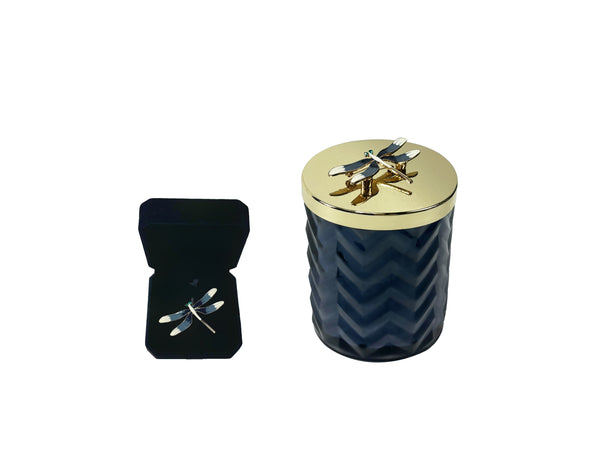 Herringbone Candle - Navy - Dragonfly lid & Scarf - Eau de Vie - HCG05 (Carton of 2)