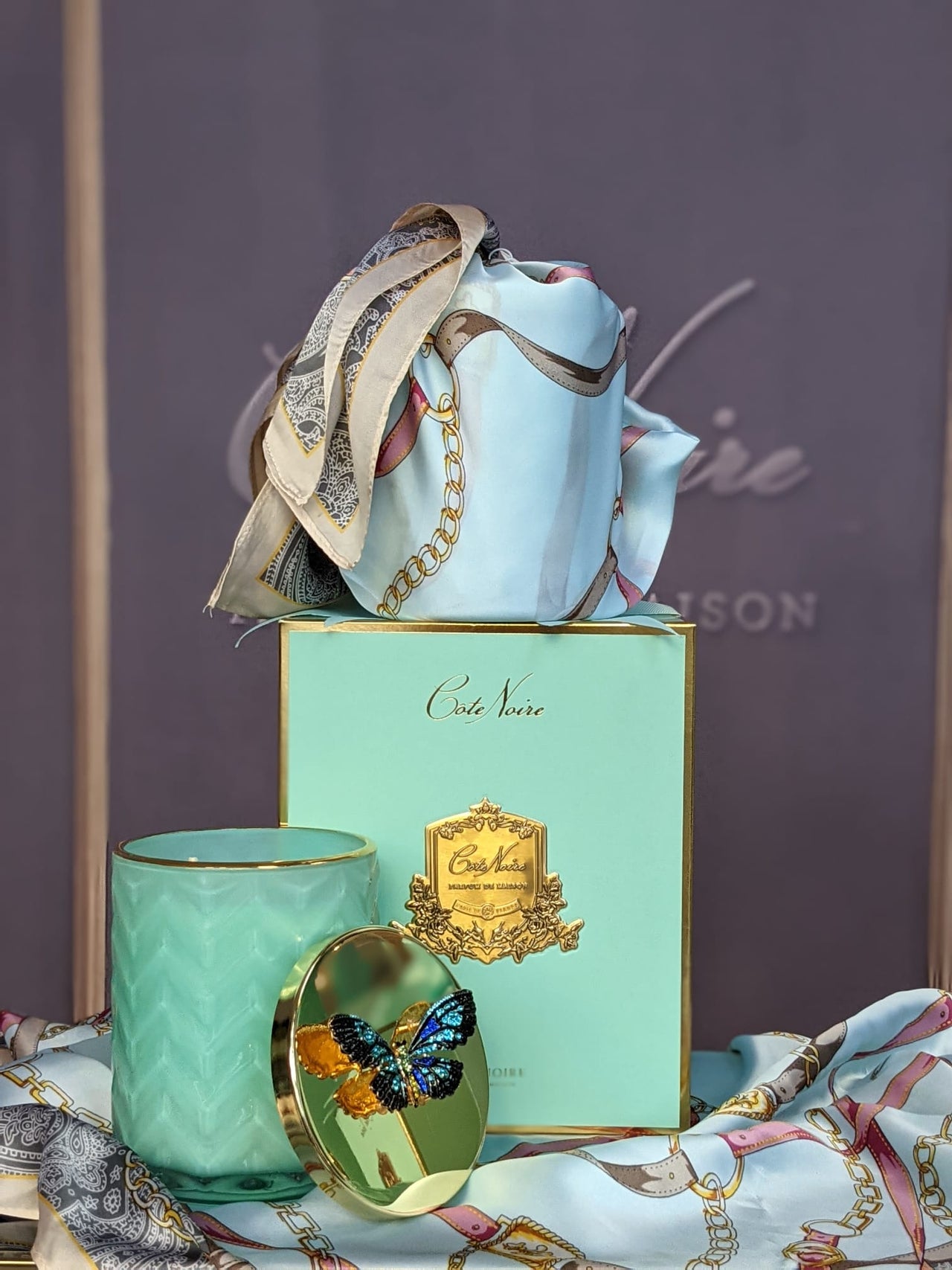 Herringbone Candle - Tiffany Blue / Jade - Butterfly Lid & Scarf - Persian Lime - HCG51 (Carton of 2)
