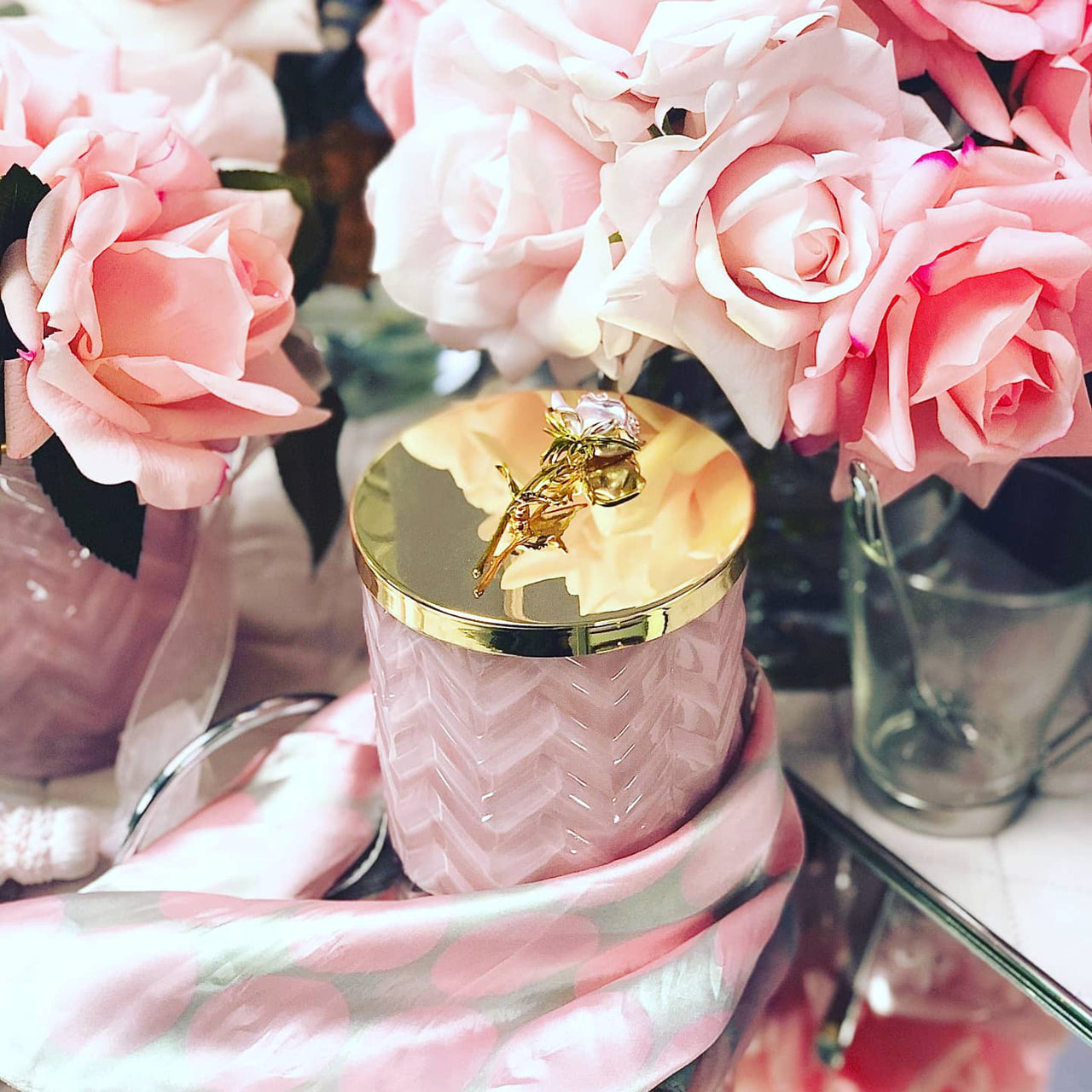 Herringbone Candle - Pink - Rose Lid & Scarf - Charente Rose - HCG04 (Carton of 2)